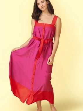 summersalt Fuchsia colorblock Maxi Dress w/ Red Trim, worn twice, L, perfect!